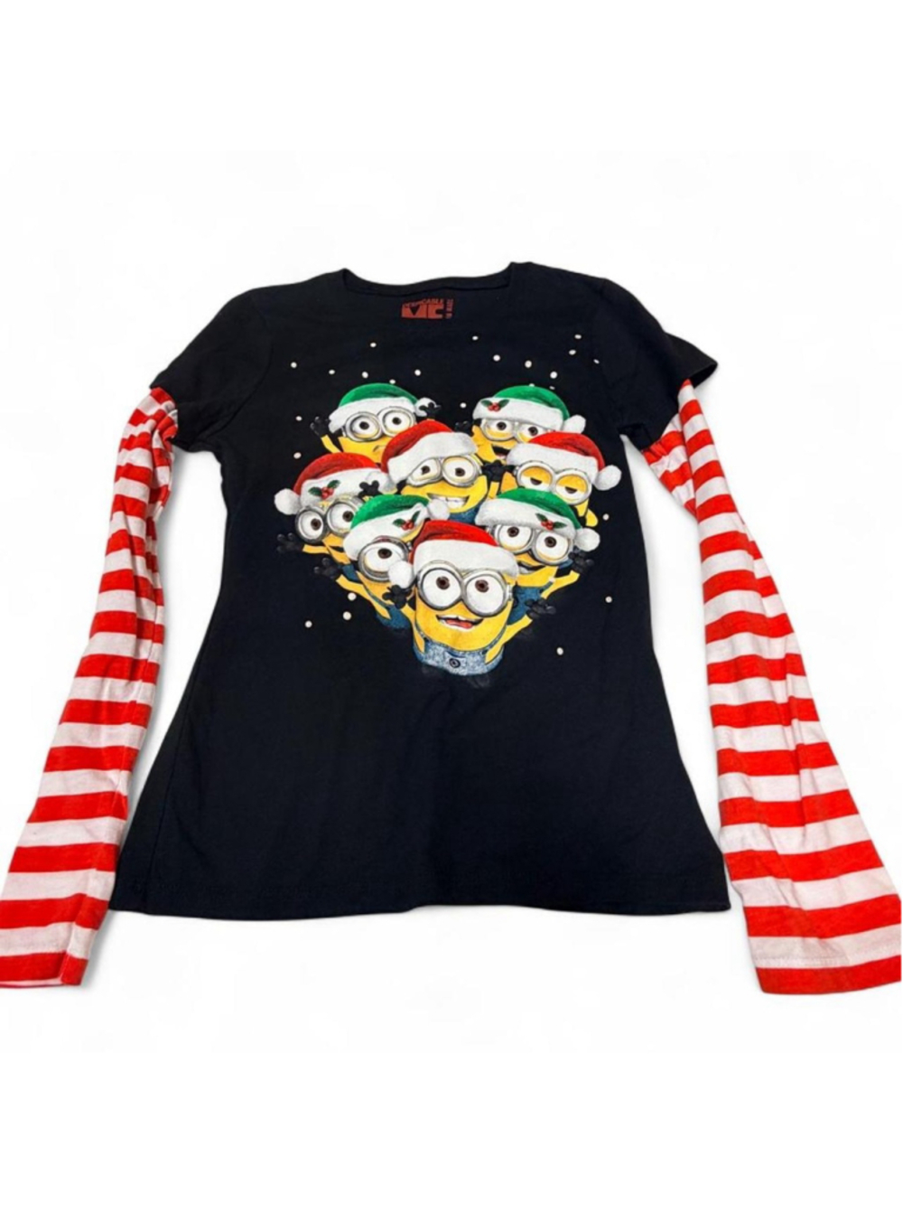 Despicable Me Christmas Minions long sleeve shirt with red/white striped sleeves